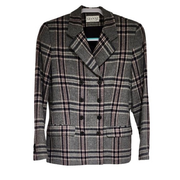 Gianni Jackets & Blazers - Gianni Sport USA Womens Wool-Blend Plaid Double-Breasted Jacket Gray Size 4/6